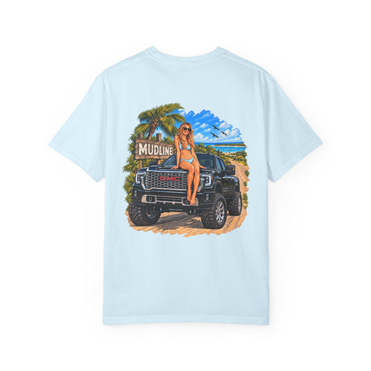 Mudline Beach Truck T-Shirt — Bikini Model on 4x4 Coastal Graphic Tee